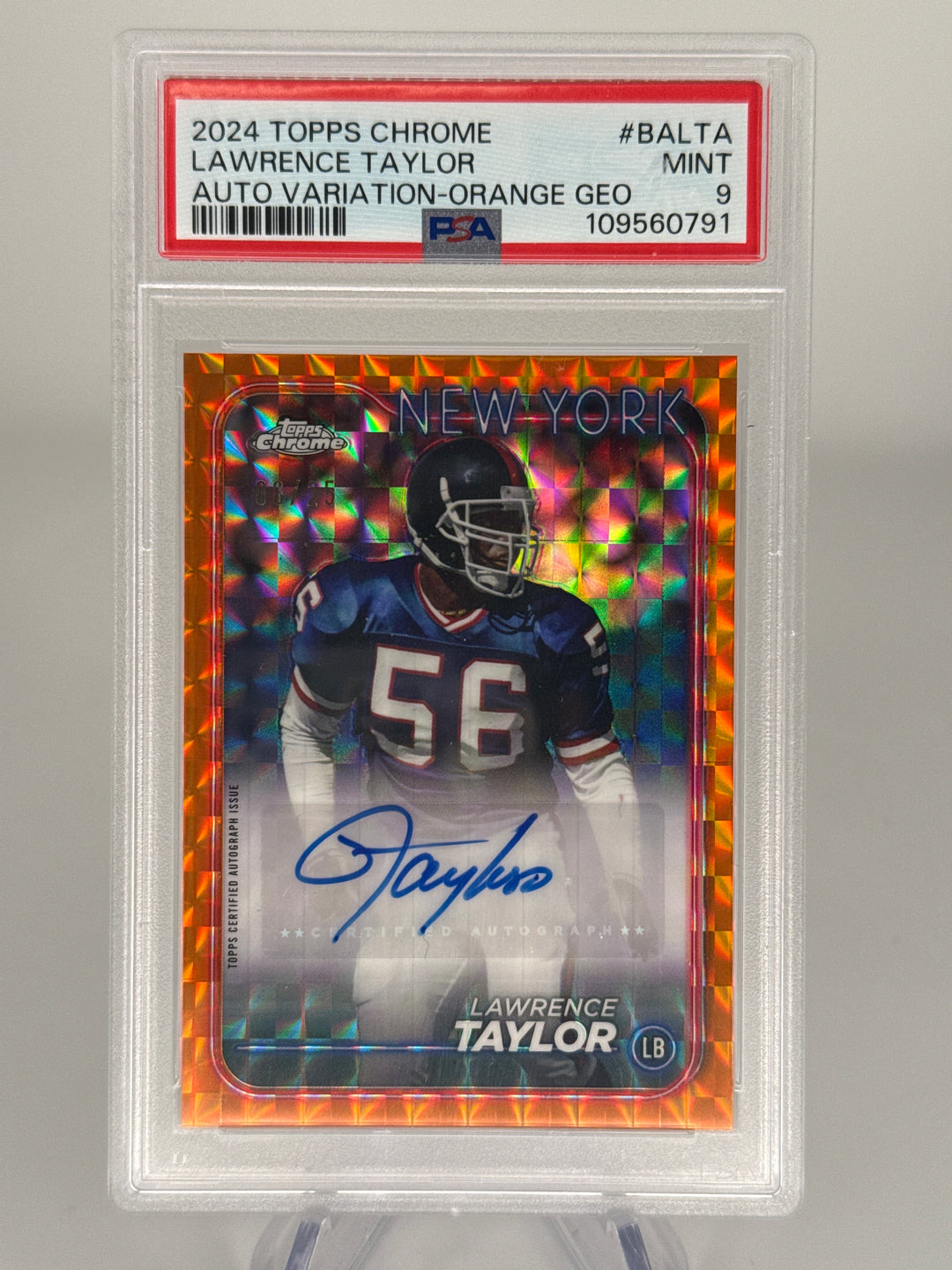 Lawrence Taylor 2024 Topps Chrome Orange Geometric Auto, 06/25, PSA 9 Mint