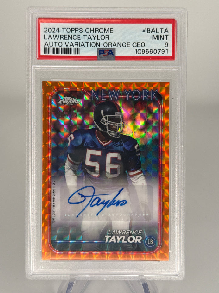 Lawrence Taylor 2024 Topps Chrome Orange Geometric Auto, 06/25, PSA 9 Mint