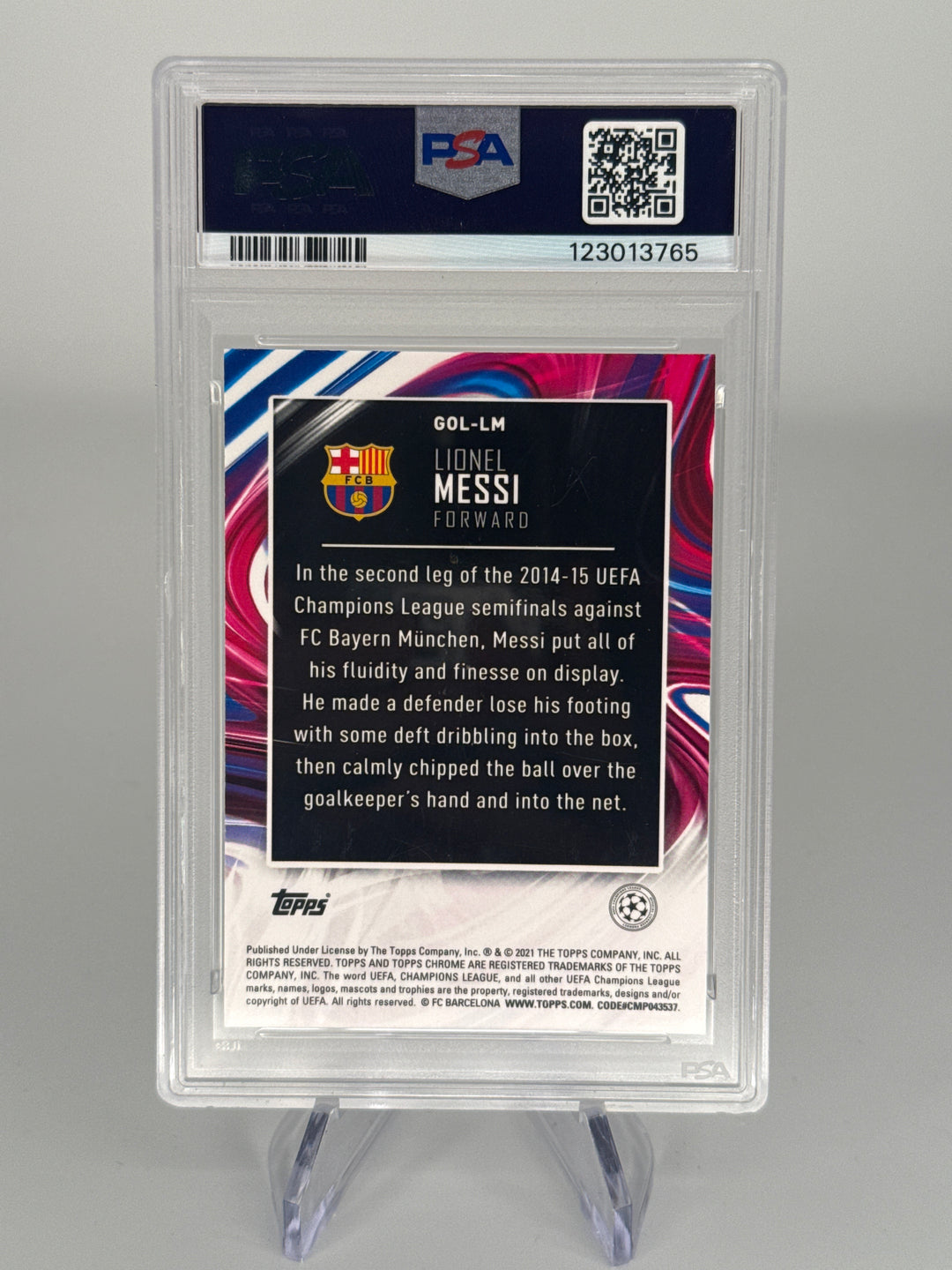 Lionel Messi 2020 Topps Chrome UEFA Champions League Golazo, PSA 9 Mint