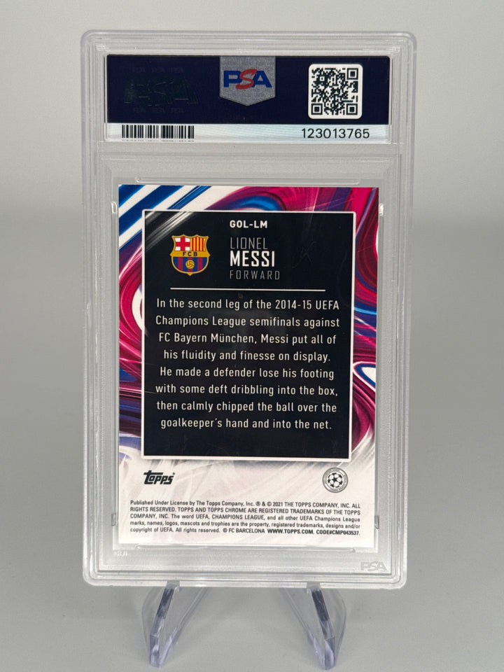 Lionel Messi 2020 Topps Chrome UEFA Champions League Golazo, PSA 9 Mint