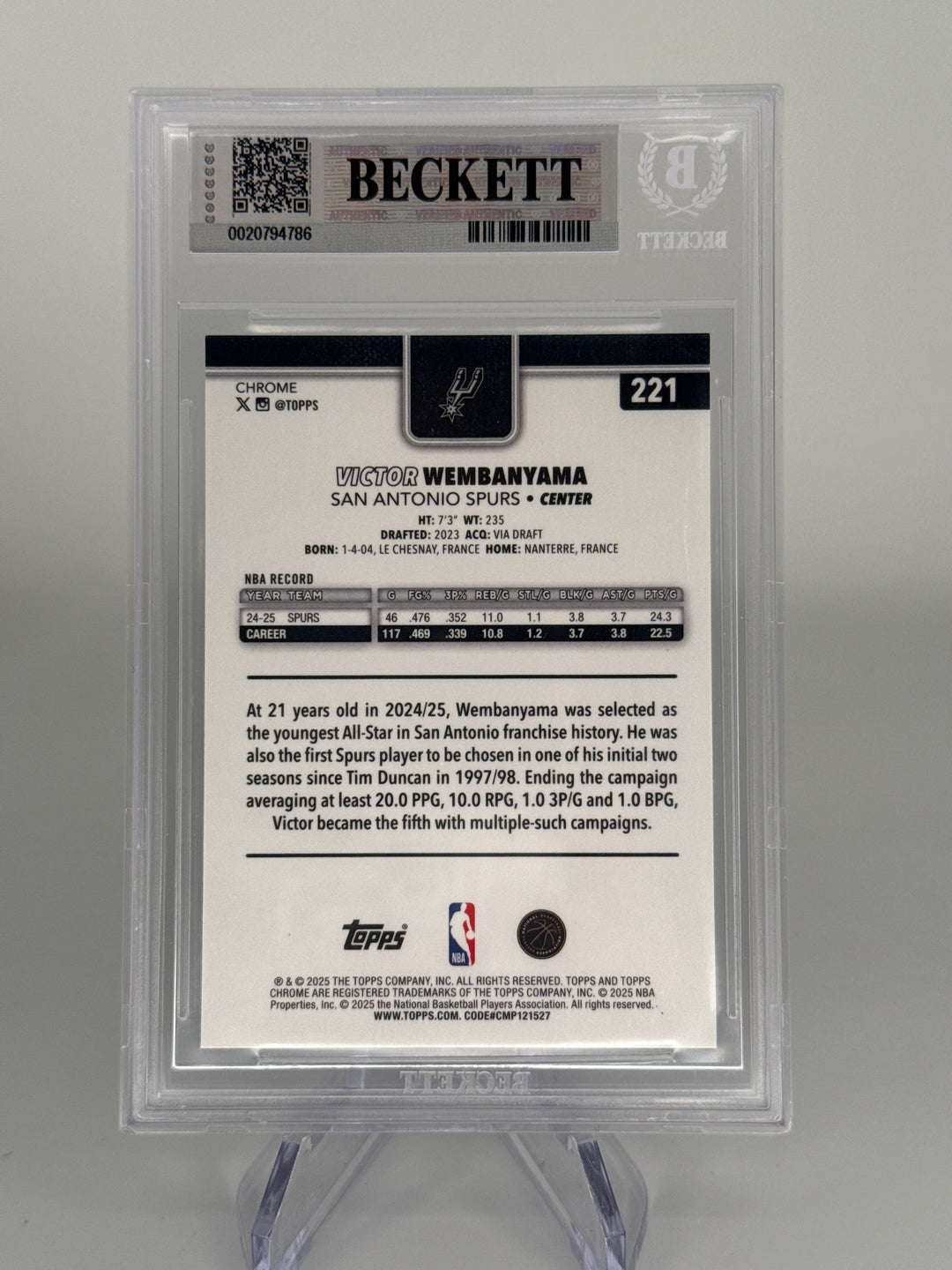 Victor Wembanyama 2025 Topps Chrome Blue Basketball Refractor, 136/150, BGS 9 Mint
