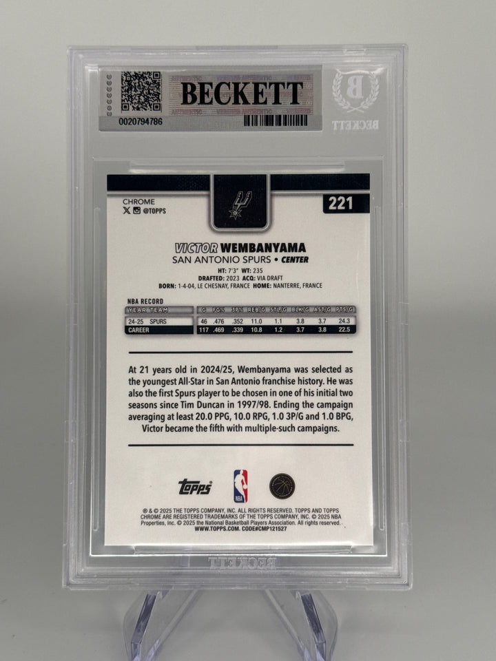 Victor Wembanyama 2025 Topps Chrome Blue Basketball Refractor, 136/150, BGS 9 Mint
