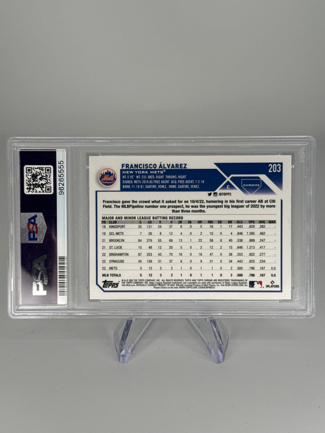 Francisco Alvarez 2023 Topps Chrome Aqua Lava Refractor Rookie, 169/199, PSA 10 Gem Mint