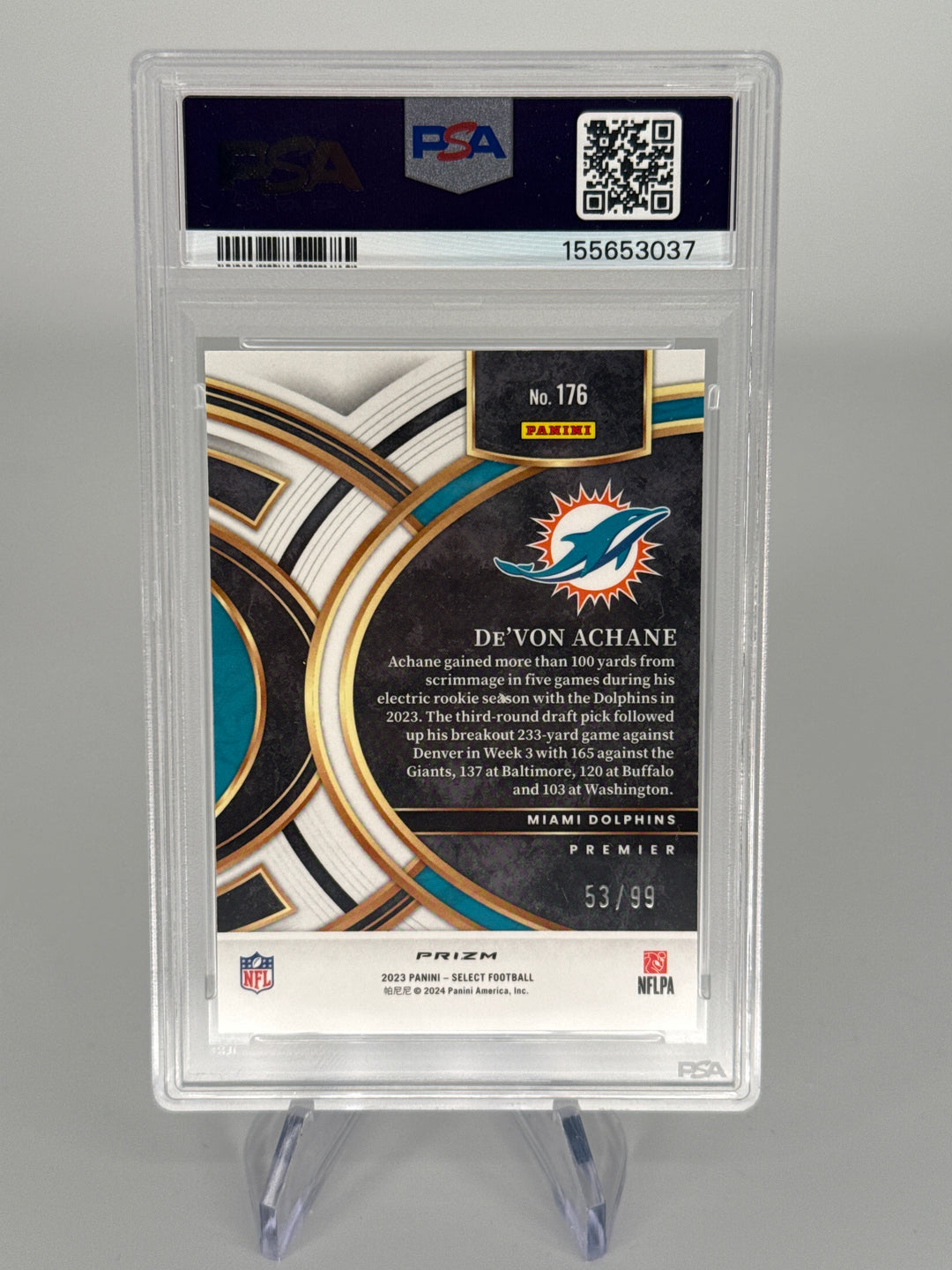 De'von Achane 2023 Panini Select Light Blue Prizm Rookie, 53/99, PSA 9 Mint
