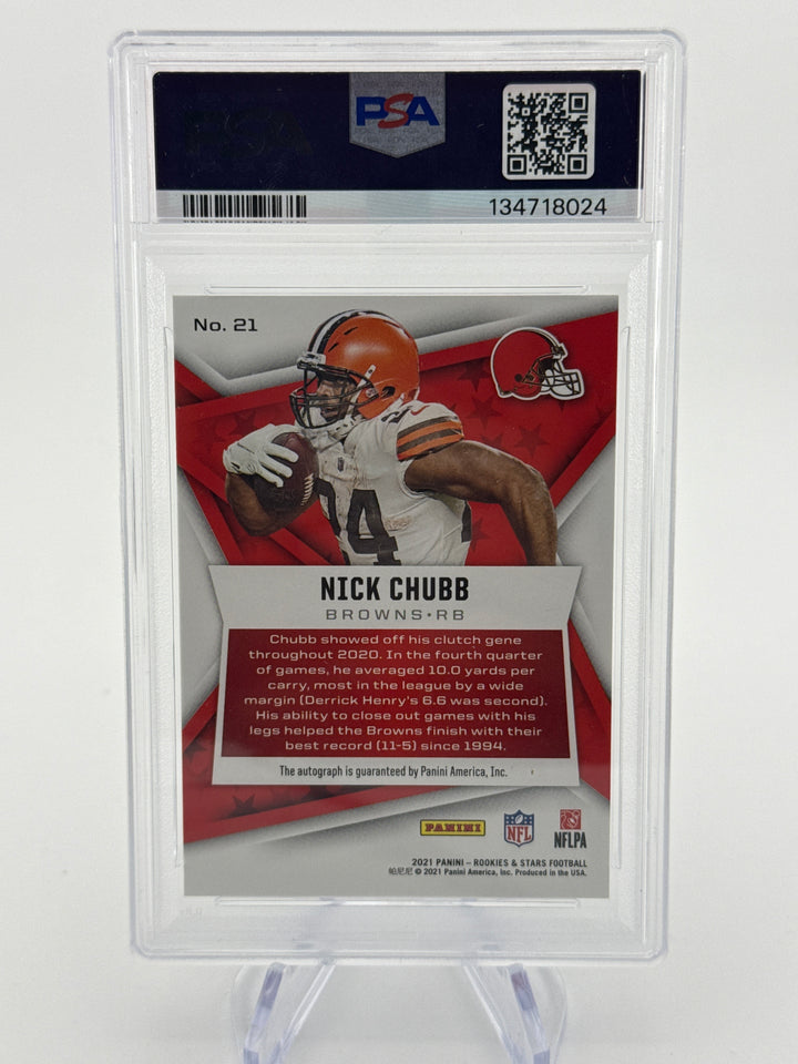 Nick Chubb 2021 Panini Rookies & Stars Green Auto, 1/2, PSA 9 Mint