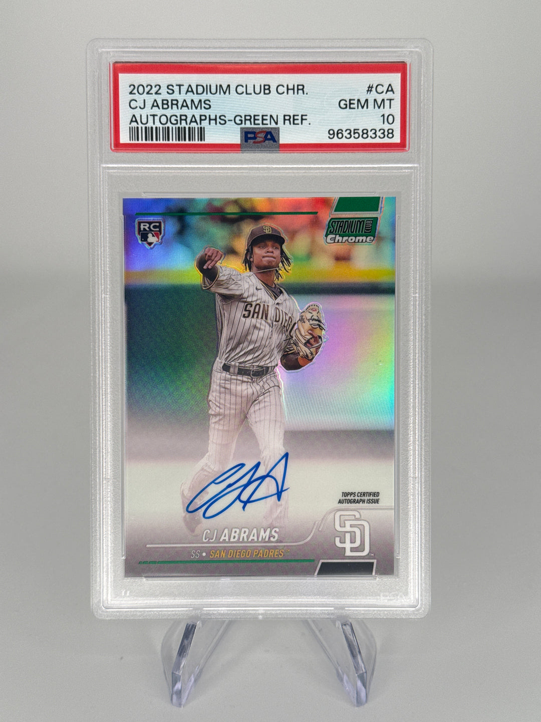 CJ Abrams 2022 Topps Stadium Chrome Green Refractor Rookie Auto, 62/99, PSA 10 Gem Mint