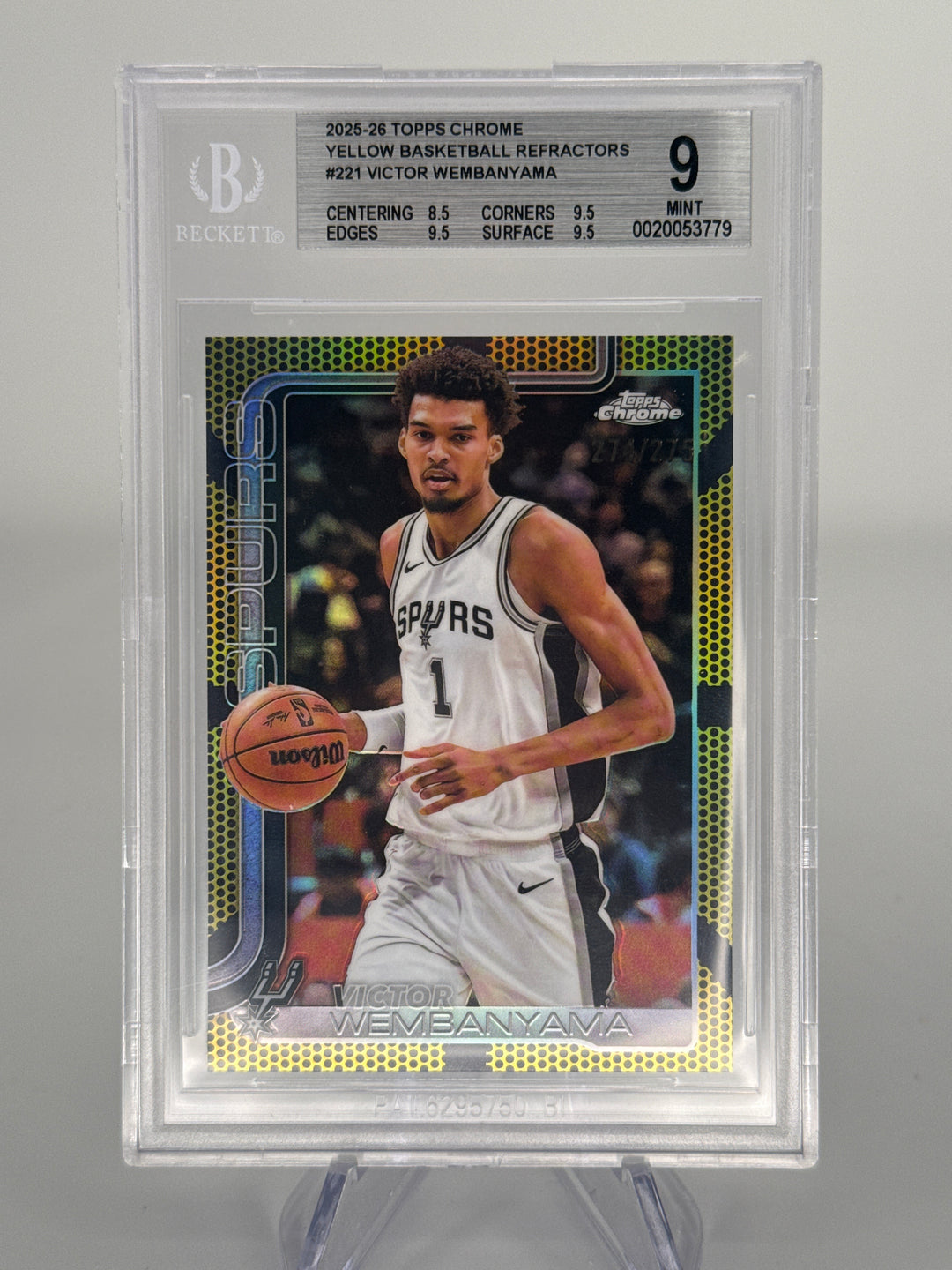 Victor Wembanyama 2025 Topps Chrome Yellow Basketball Refractor, 274/275, BGS 9 Mint