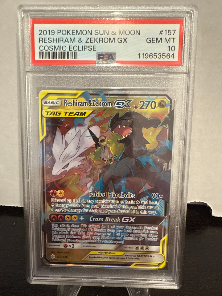 Pokemon TCG 2019 Reshiram & Zekrom GX Sun & Moon Cosmic Eclipse Tag Team, 157/236, PSA 10 Gem Mint