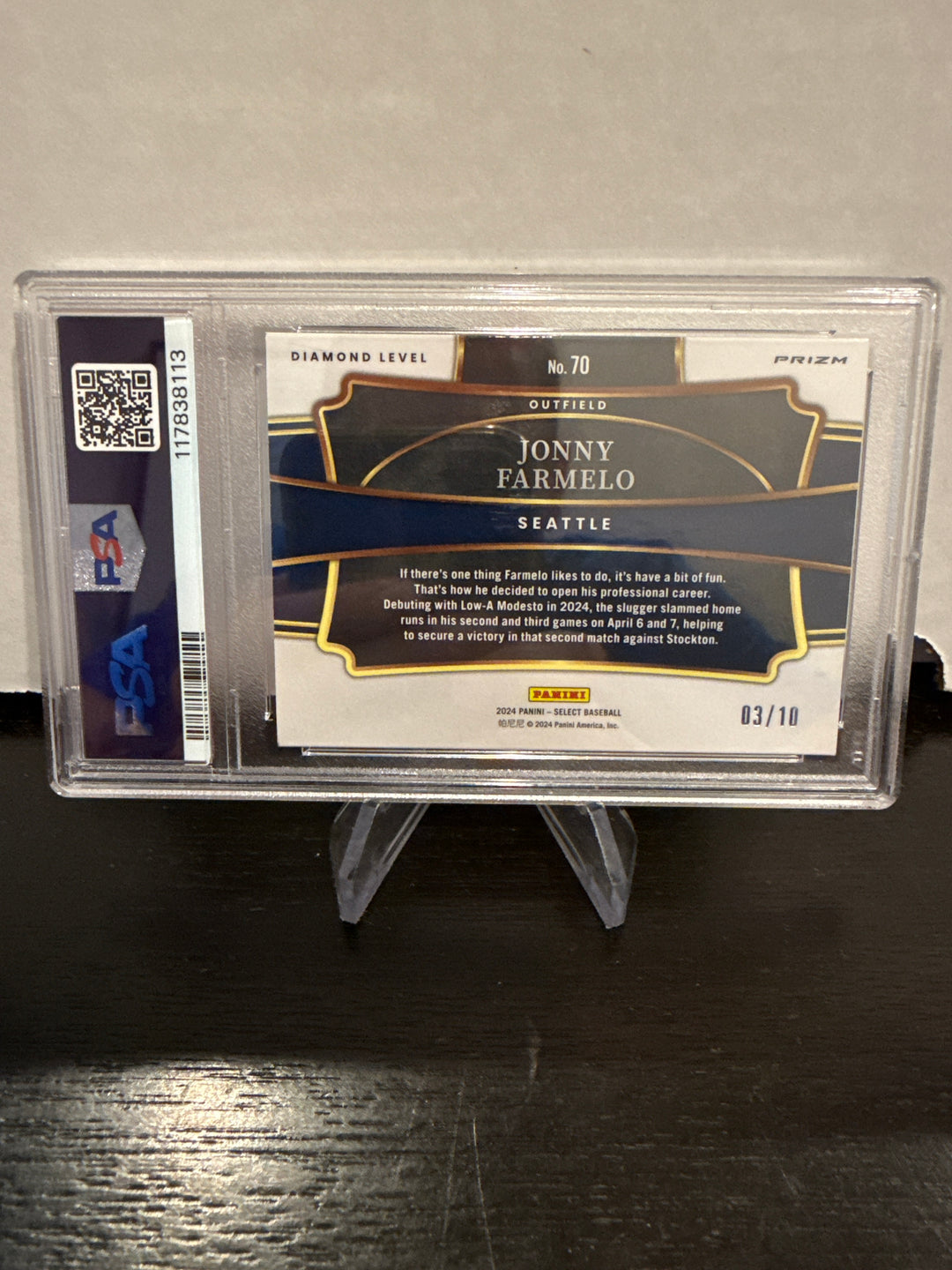 Jonny Farmelo 2024 Panini Select Diamond Level Gold Flash Prizm, 03/10, PSA 9 Mint