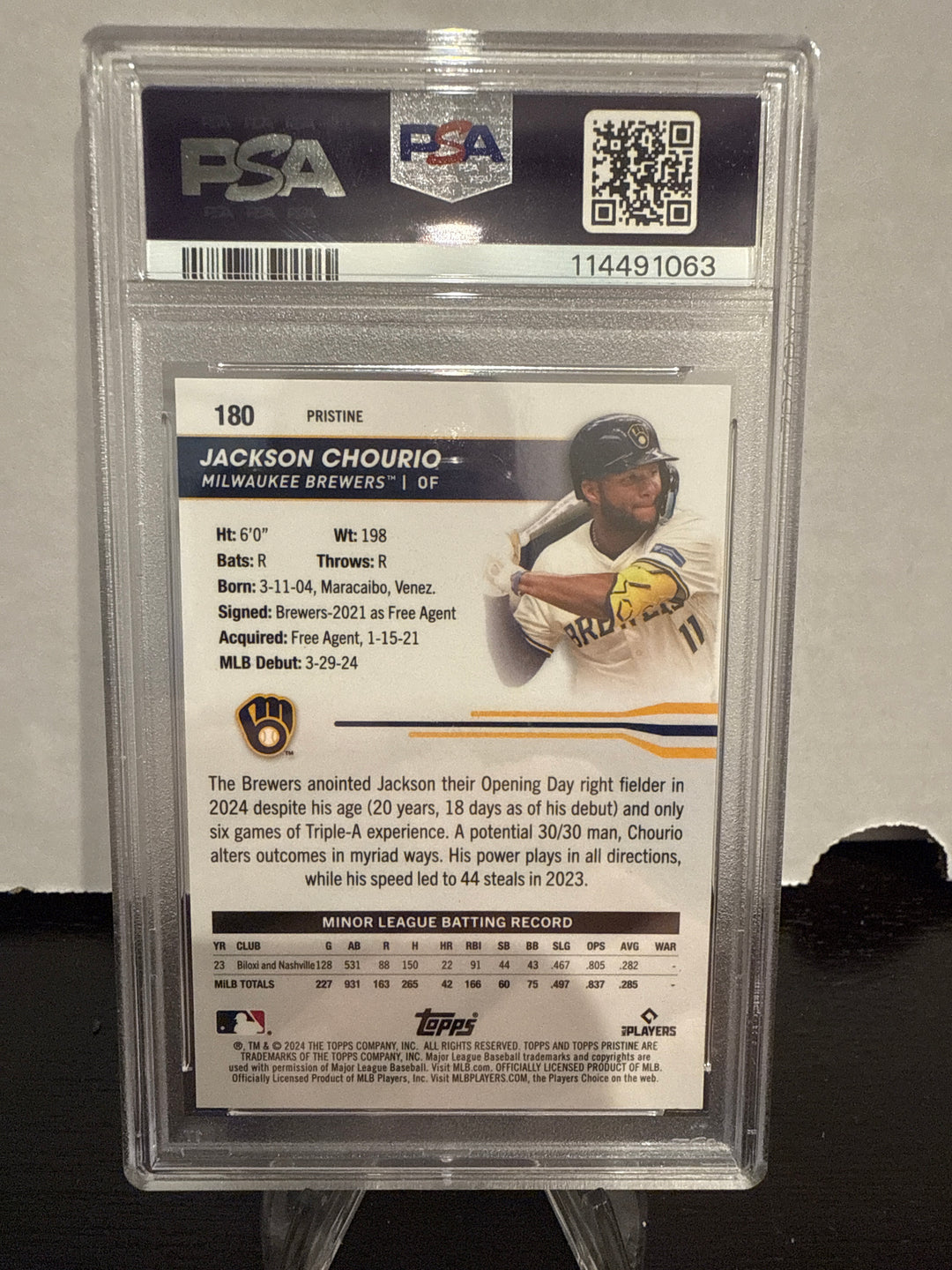 Jackson Chourio 2024 Topps Pristine Purple Refractor Rookie, 49/99, PSA 9 Mint