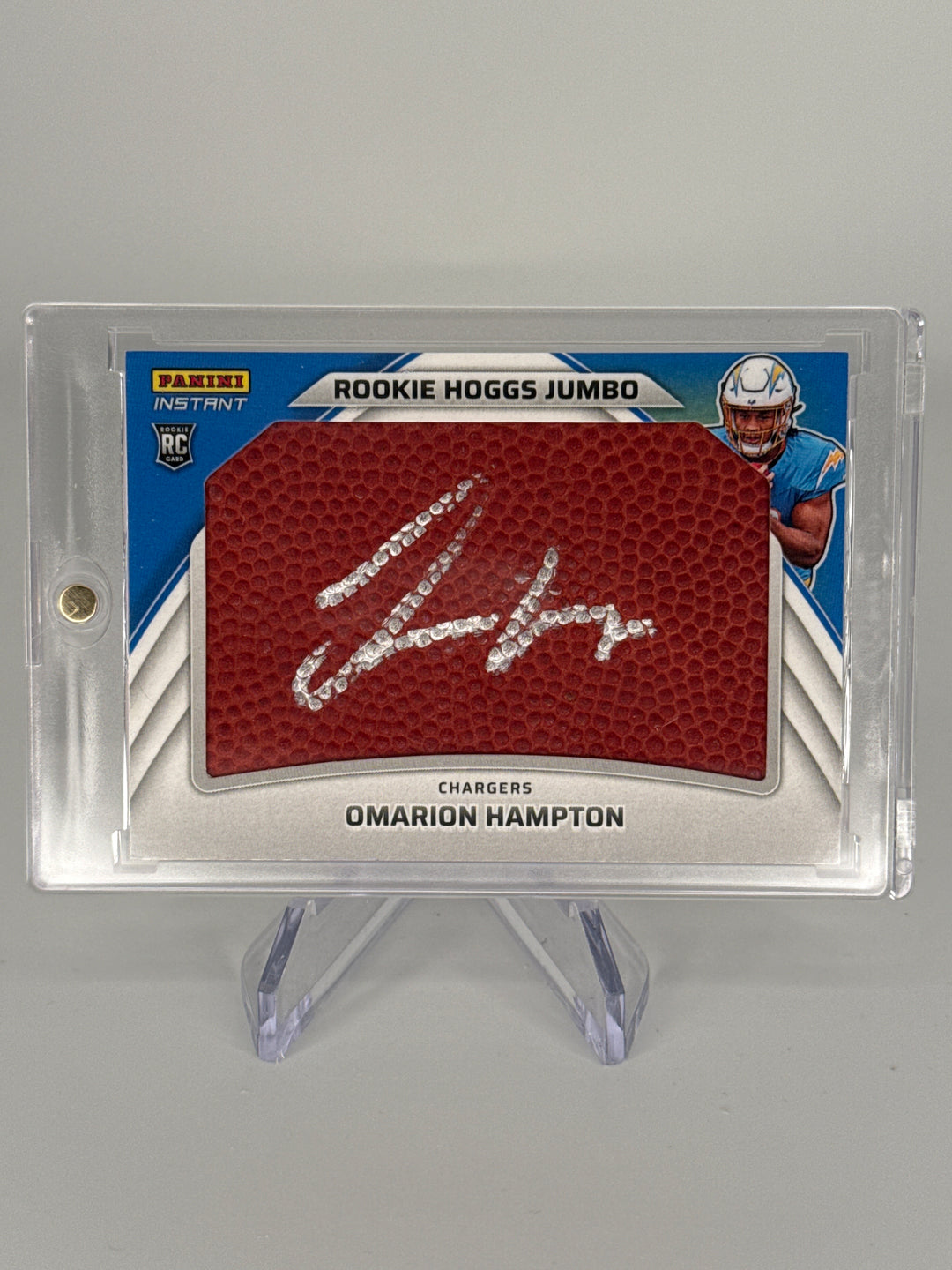 Omarion Hampton 2025 Panini Instant Rookie Hoggs Jumbo Relic Auto, 1/10