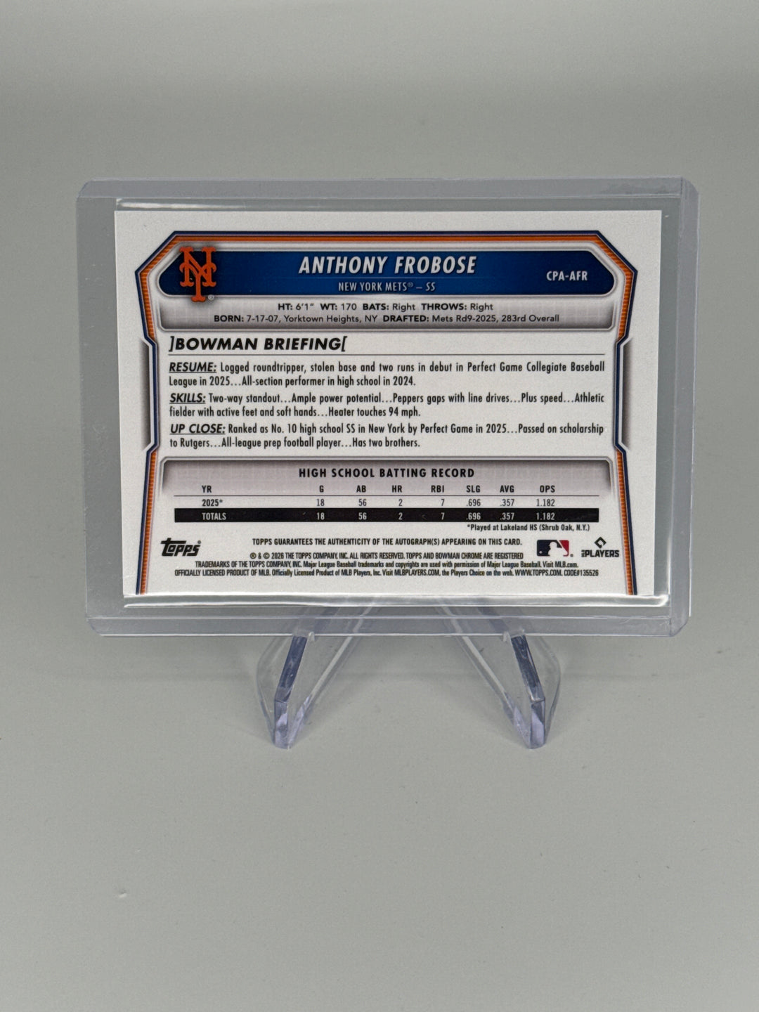 Anthony Frobose 2026 Bowman Chrome 1st Bowman HTA Choice Auto, 050/150
