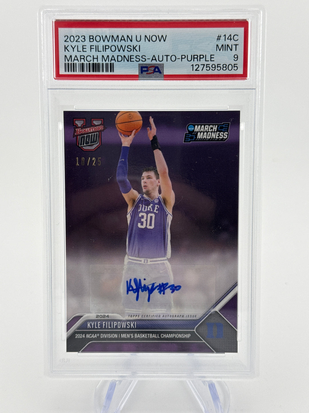 Kyle Filipowski 2023 Bowman University Now March Madness Purple Auto, 18/25, PSA 9 Mint