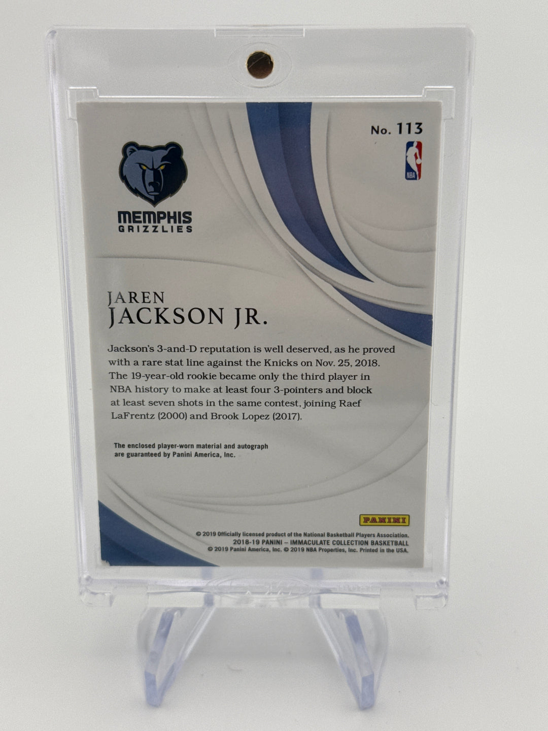 Jaren Jackson Jr. 2019 Panini Immaculate Rookie Patch Auto, 58/99