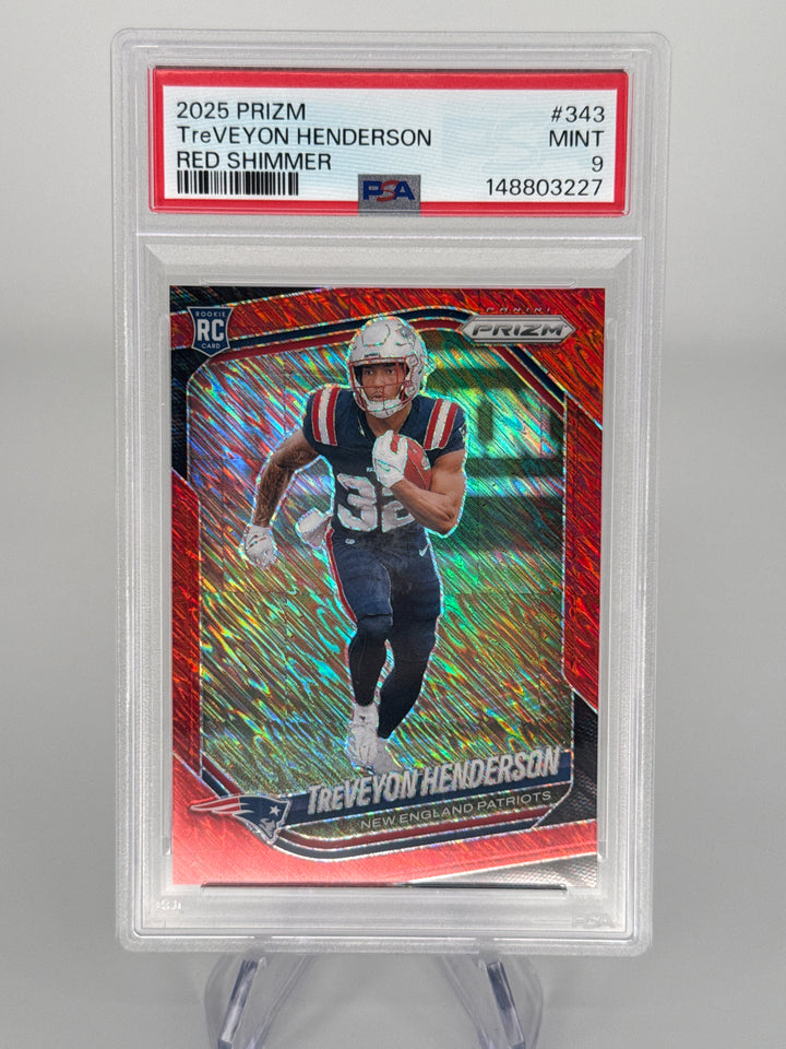 Treveyon Henderson 2025 Panini Prizm Red Shimmer Rookie, 35/49, PSA 9 Mint