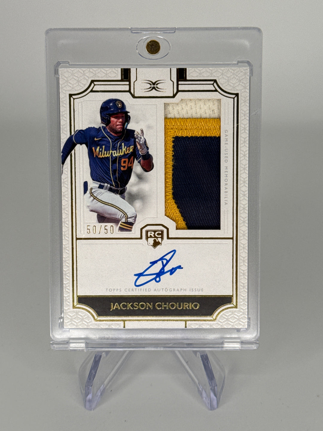 Jackson Chourio 2025 Topps Definitive Collection Rookie Patch Auto, 50/50
