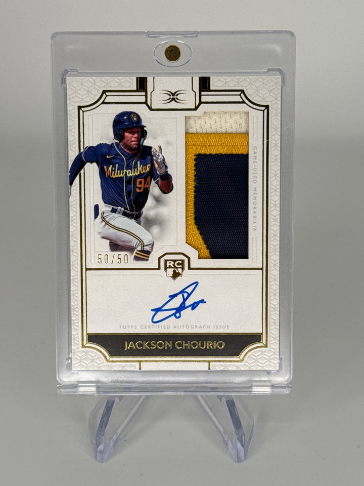 Jackson Chourio 2025 Topps Definitive Collection Rookie Patch Auto, 50/50
