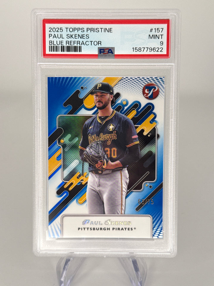 Paul Skenes 2025 Topps Pristine Blue Refractor, 65/75, PSA 9 Mint