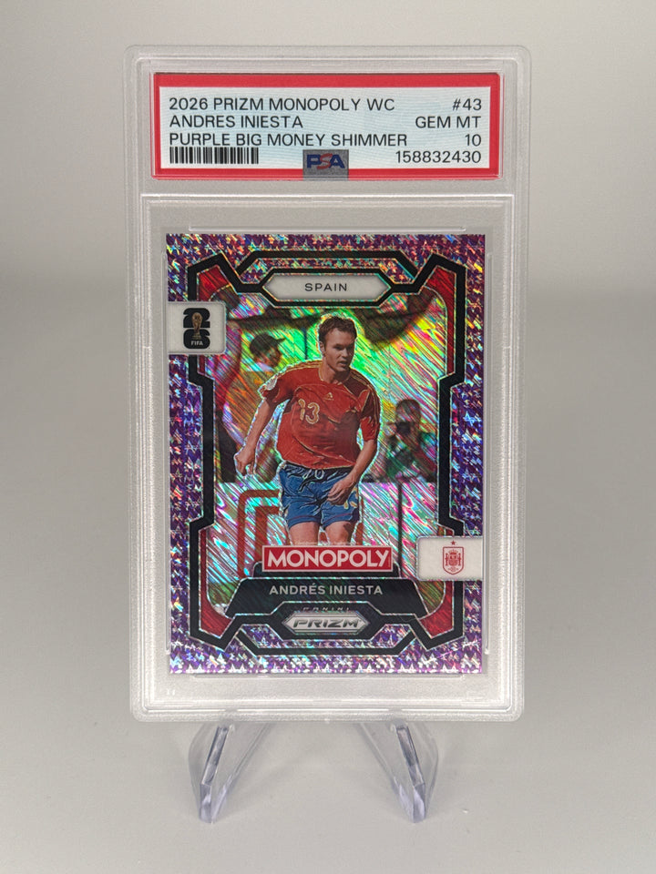 Andres Iniesta 2026 Panini Prizm Monopoly World Cup Purple Big Money Shimmer, 41/50, PSA 10 Gem Mint