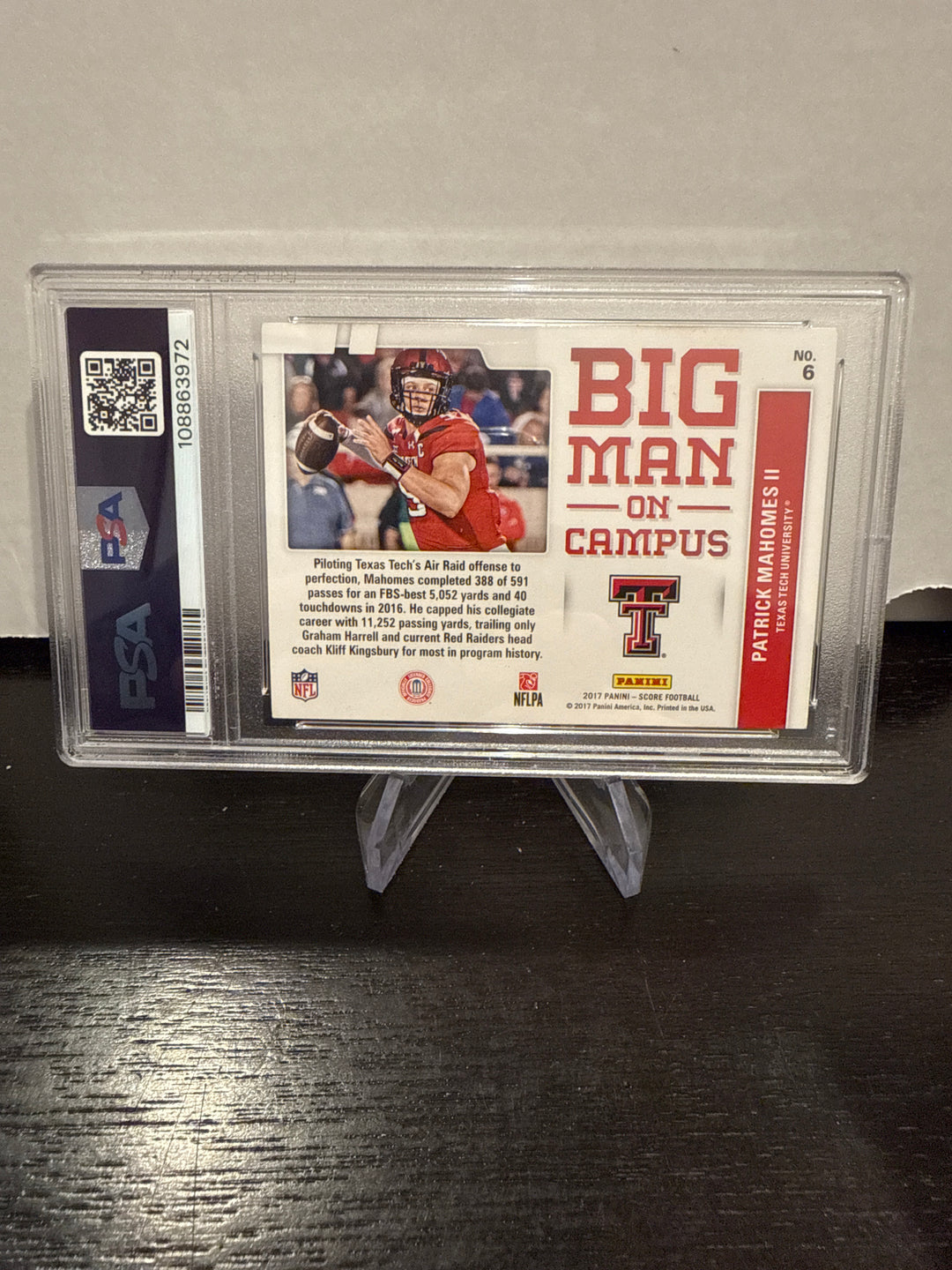 Patrick Mahomes 2017 Panini Score Big Man on Campus Rookie, PSA 8