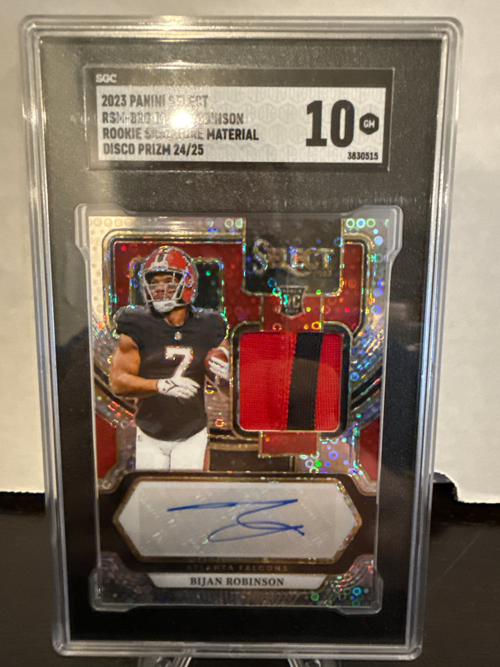 Bijan Robinson 2023 Panini Select Disco Prizm Rookie Patch Auto, 24/25, SGC 10 Gem Mint