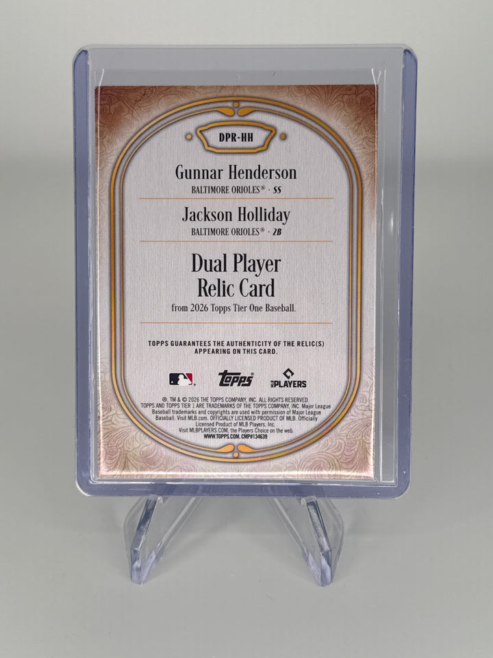 Gunnar Henderson/Jackson Holliday 2026 Topps Tier One Green Foil Dual Relic, 04/49