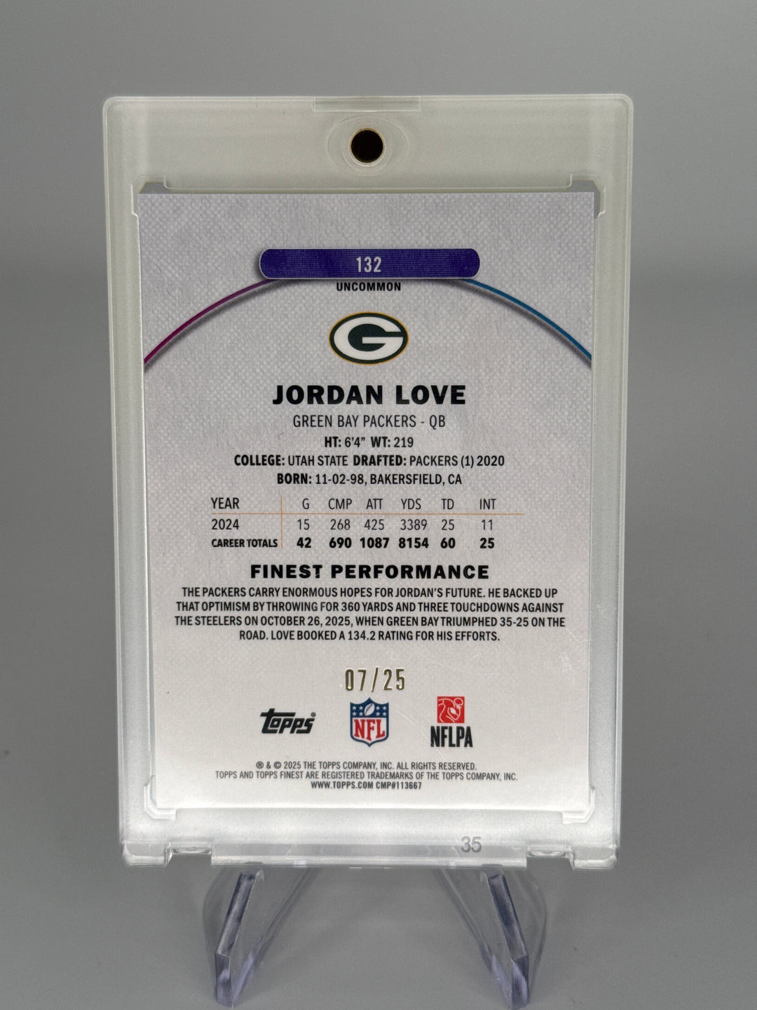 Jordan Love 2025 Topps Finest Gold Refractor w/Coating, 07/25