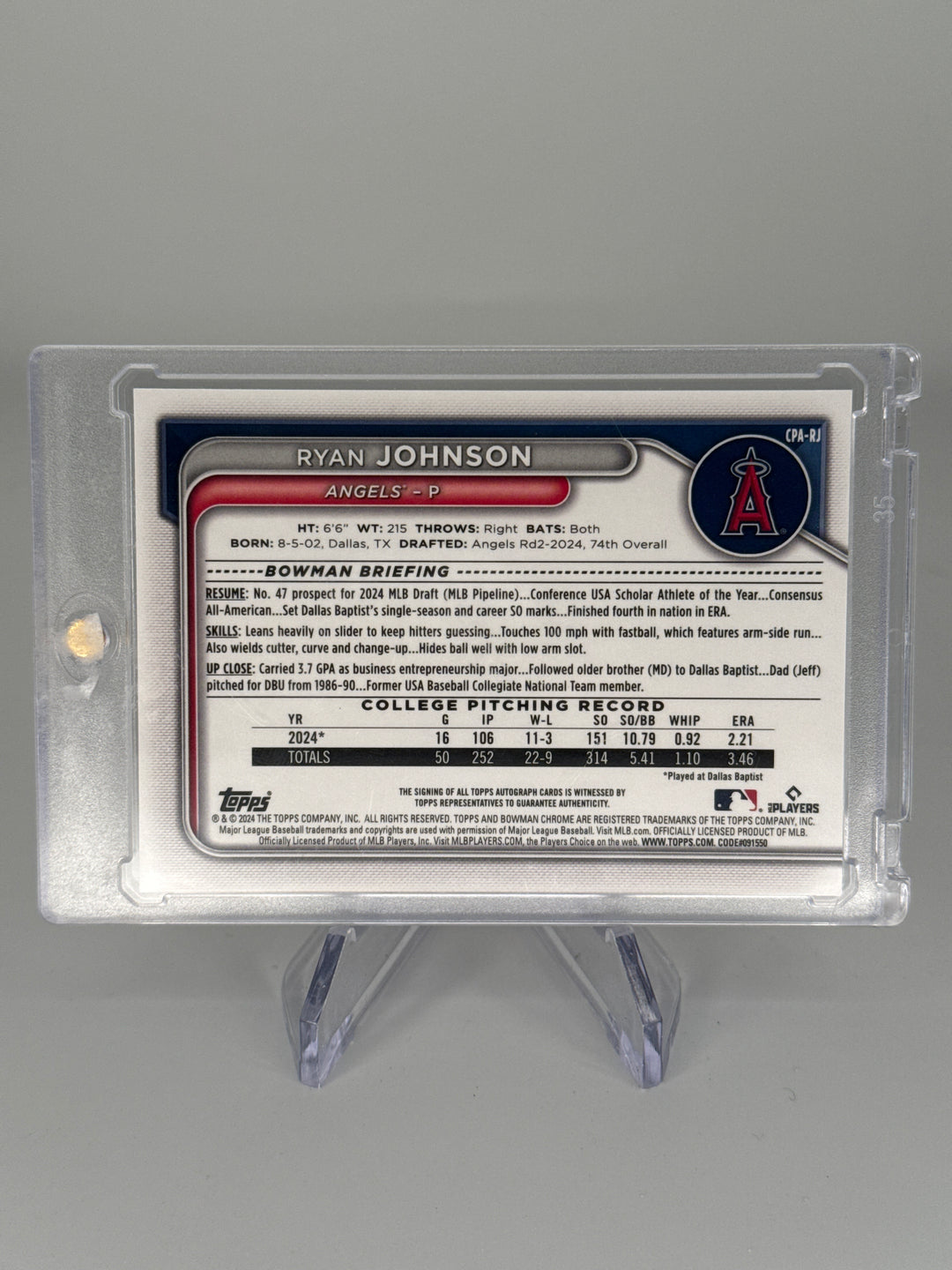 Ryan Johnson 2024 Bowman Chrome 1st Bowman Orange Refractor Auto, 04/25