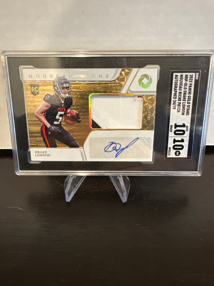 Drake London 2022 Panini Gold Standard Nouveau Riche Rookie Patch Auto, 24/79, SGC 10 Gem Mint