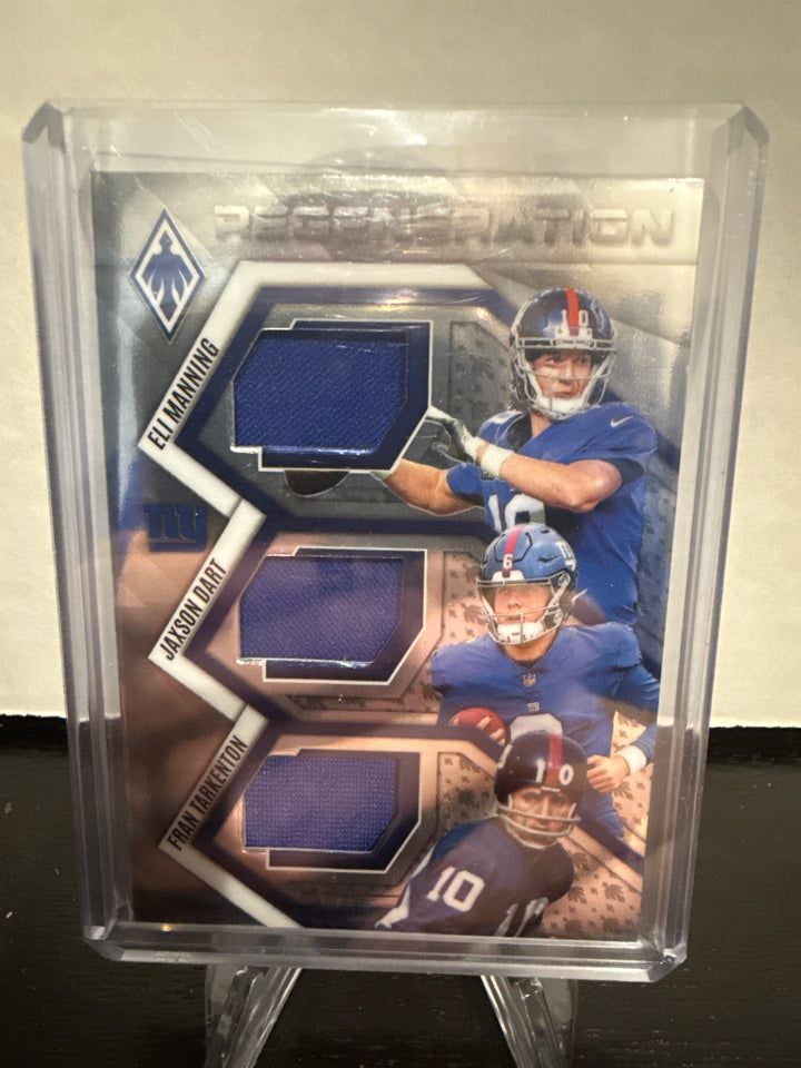 Eli Manning/Jaxson Dart/Fran Tarkenton 2025 Panini Phoenix Regeneration Triple Relic, 048/299