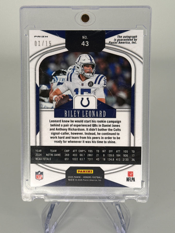 Riley Leonard 2025 Panini Honors Green Rookie Auto, 01/15