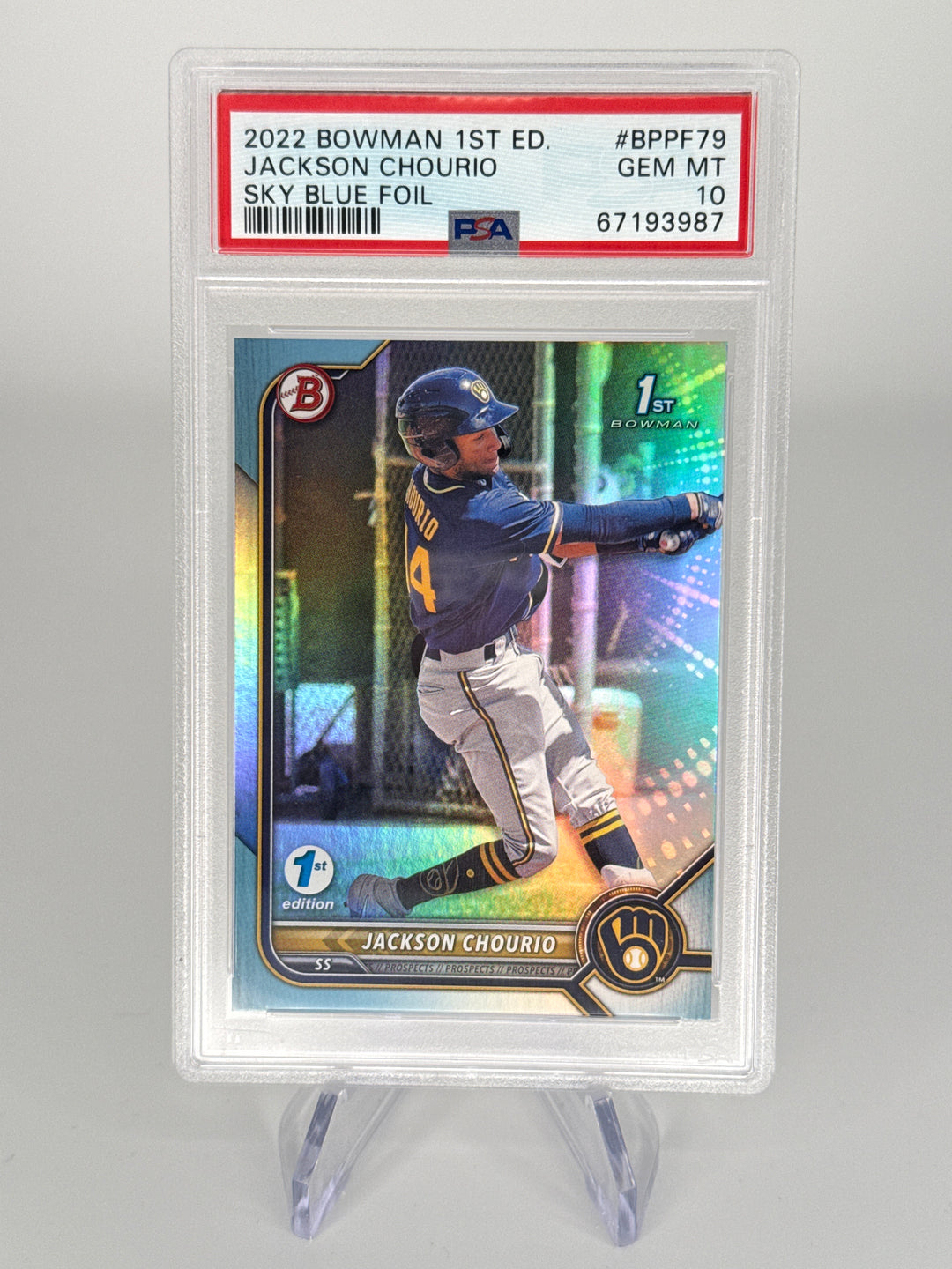 Jackson Chourio 2022 Bowman 1st Edition Sky Blue Foil, PSA 10 Gem Mint
