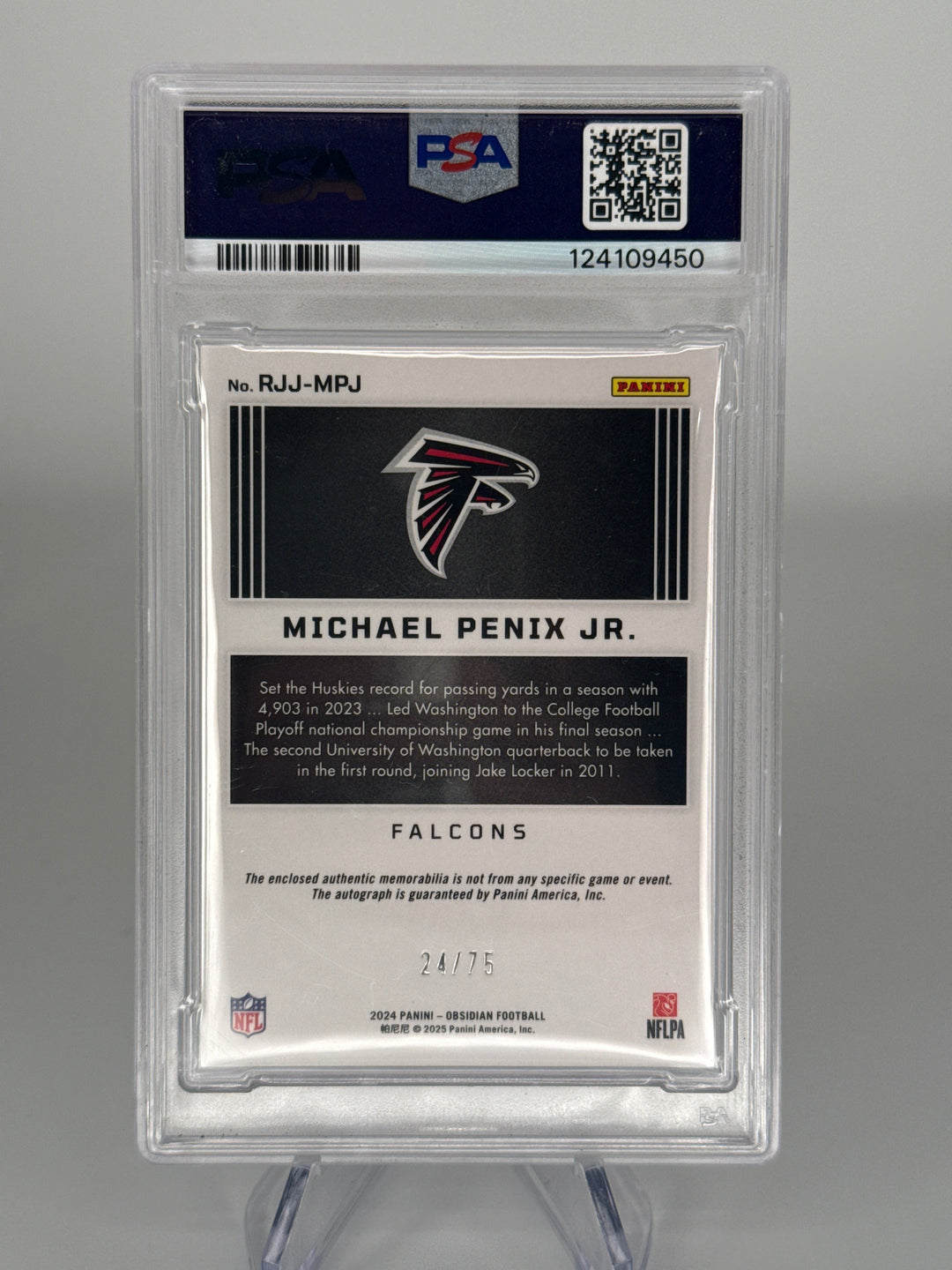 Michael Penix Jr 2024 Panini Obsidian Rookie Jumbo Patch Auto Silver, 24/75, PSA 10 Gem Mint