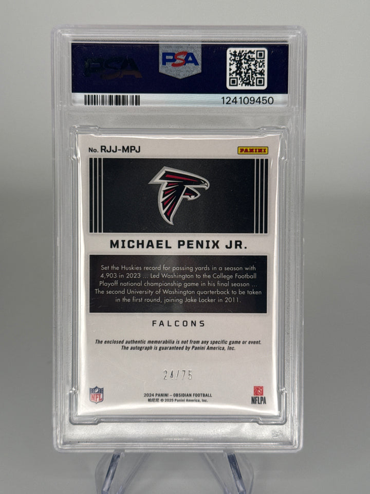 Michael Penix Jr 2024 Panini Obsidian Rookie Jumbo Patch Auto Silver, 24/75, PSA 10 Gem Mint