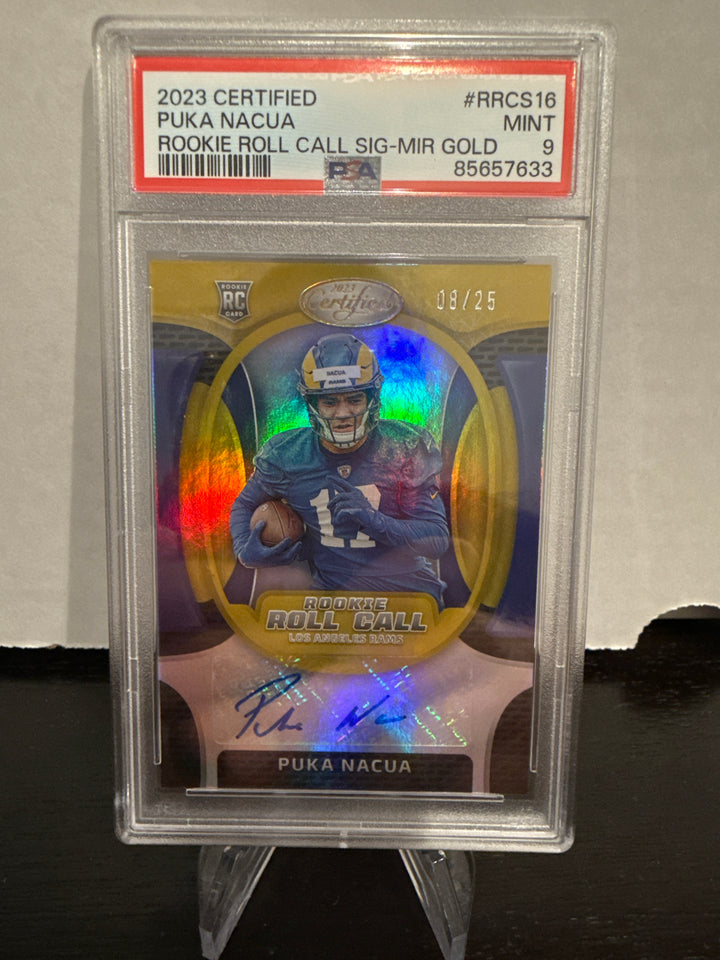 Puka Nacua 2023 Panini Certified Rookie Roll Call Mirror Gold Auto, 08/25, PSA 9 Mint