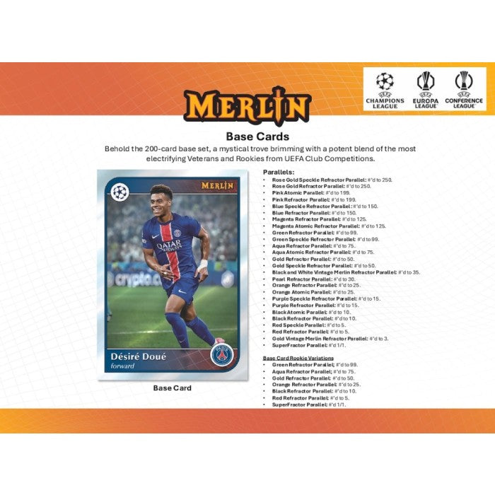 Merlin soccer trading card pack with a player card and branding details.