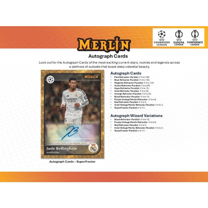 Merlin autograph card packaging with a soccer player on a white background