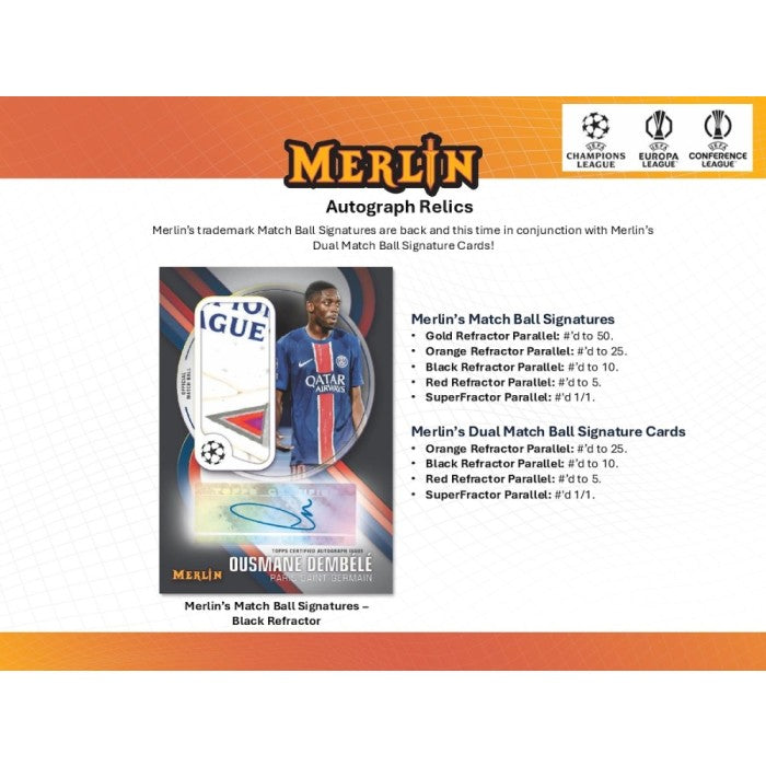 Merlin autograph relics card with soccer player and ball design on a white background