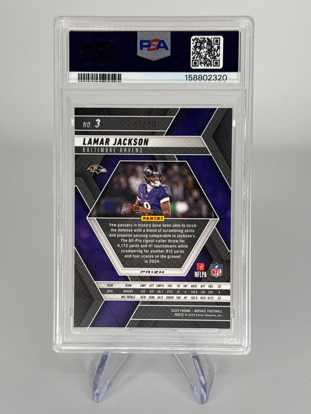 Lamar Jackson 2025 Panini Mosaic Purple Mosaic, 32/49, PSA 10 Gem Mint