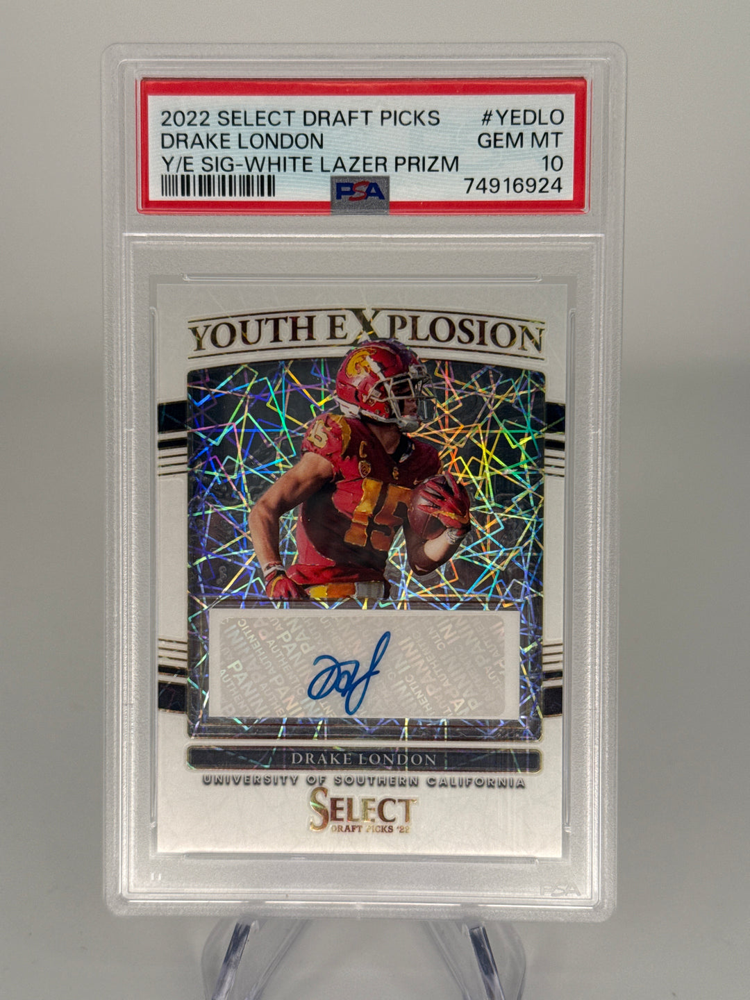 Drake London 2022 Panini Select Youth Explosion White Lazer Rookie Auto, 2/5, PSA 10 Gem Mint