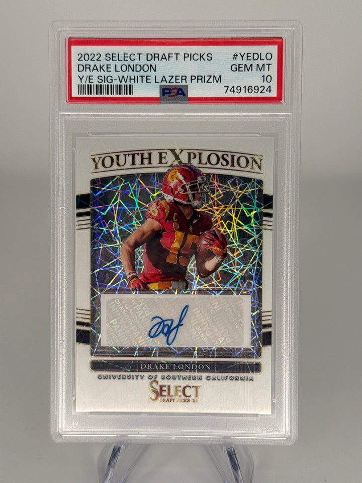 Drake London 2022 Panini Select Youth Explosion White Lazer Rookie Auto, 2/5, PSA 10 Gem Mint