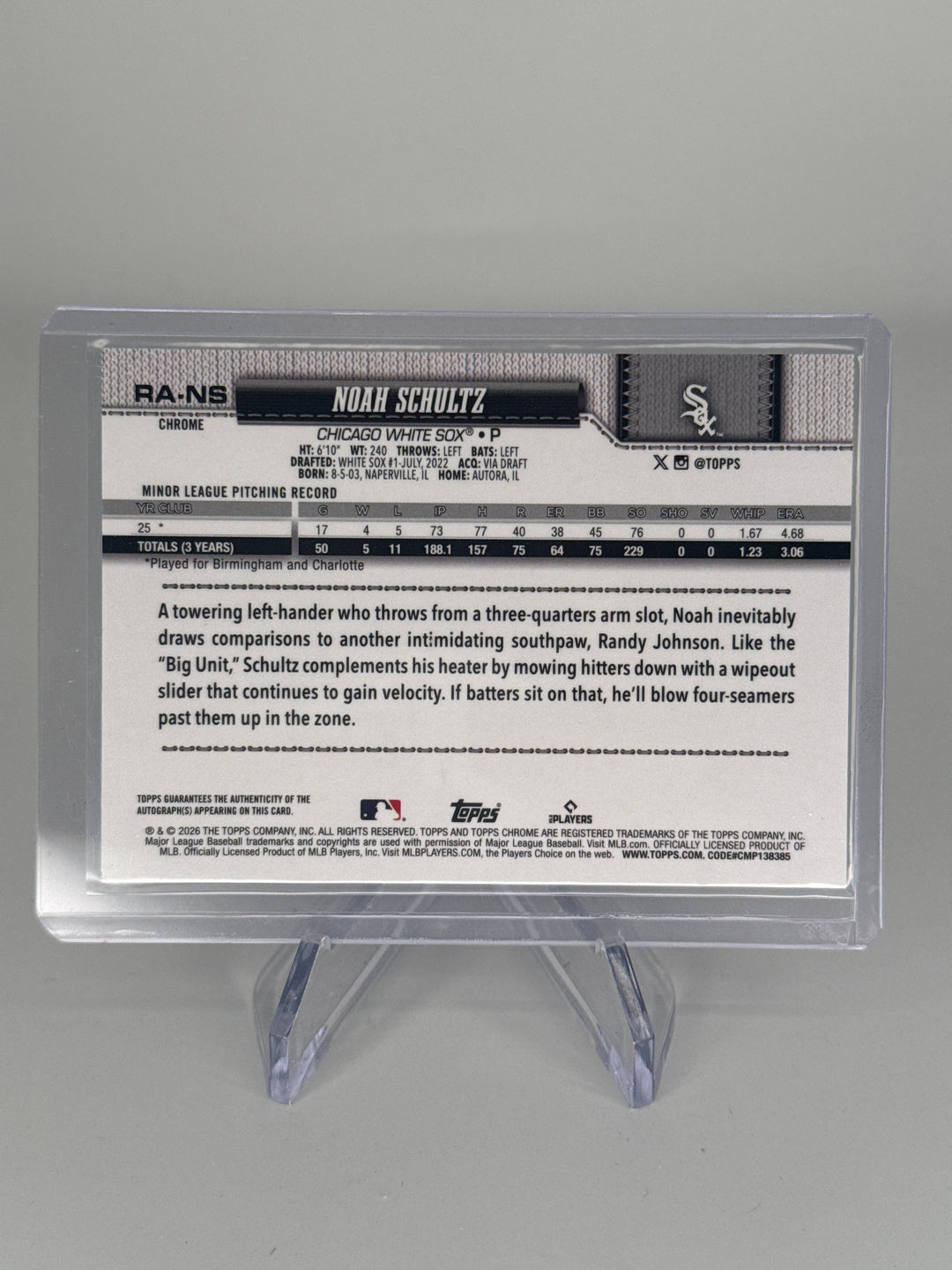 Noah Schultz 2026 Topps Chrome Purple Refractor Rookie Auto, 63/75
