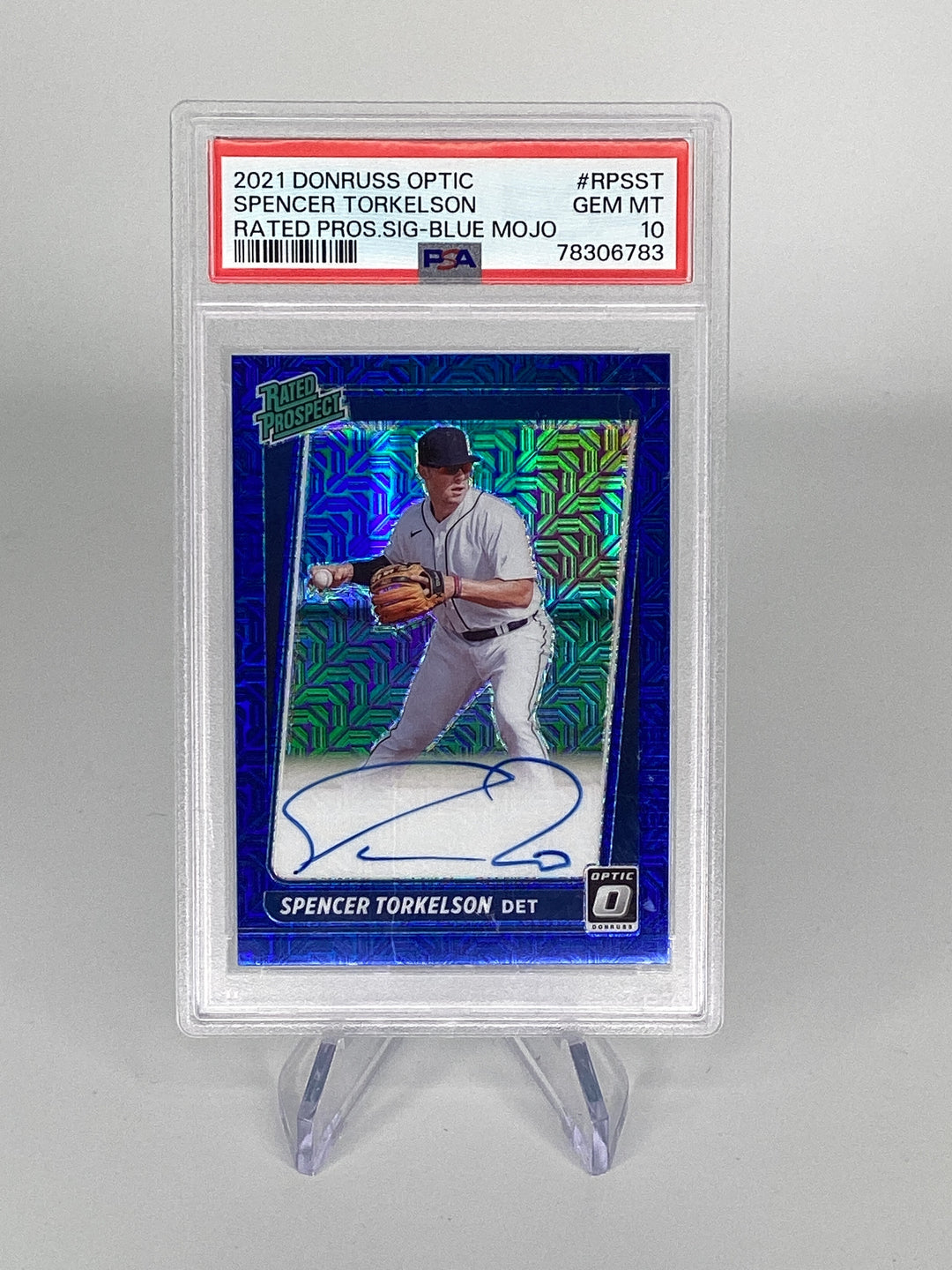 Spencer Torkelson 2021 Panini Donruss Optic Blue Mojo Rated Prospect Card, 66/99, PSA 10 Gem Mint