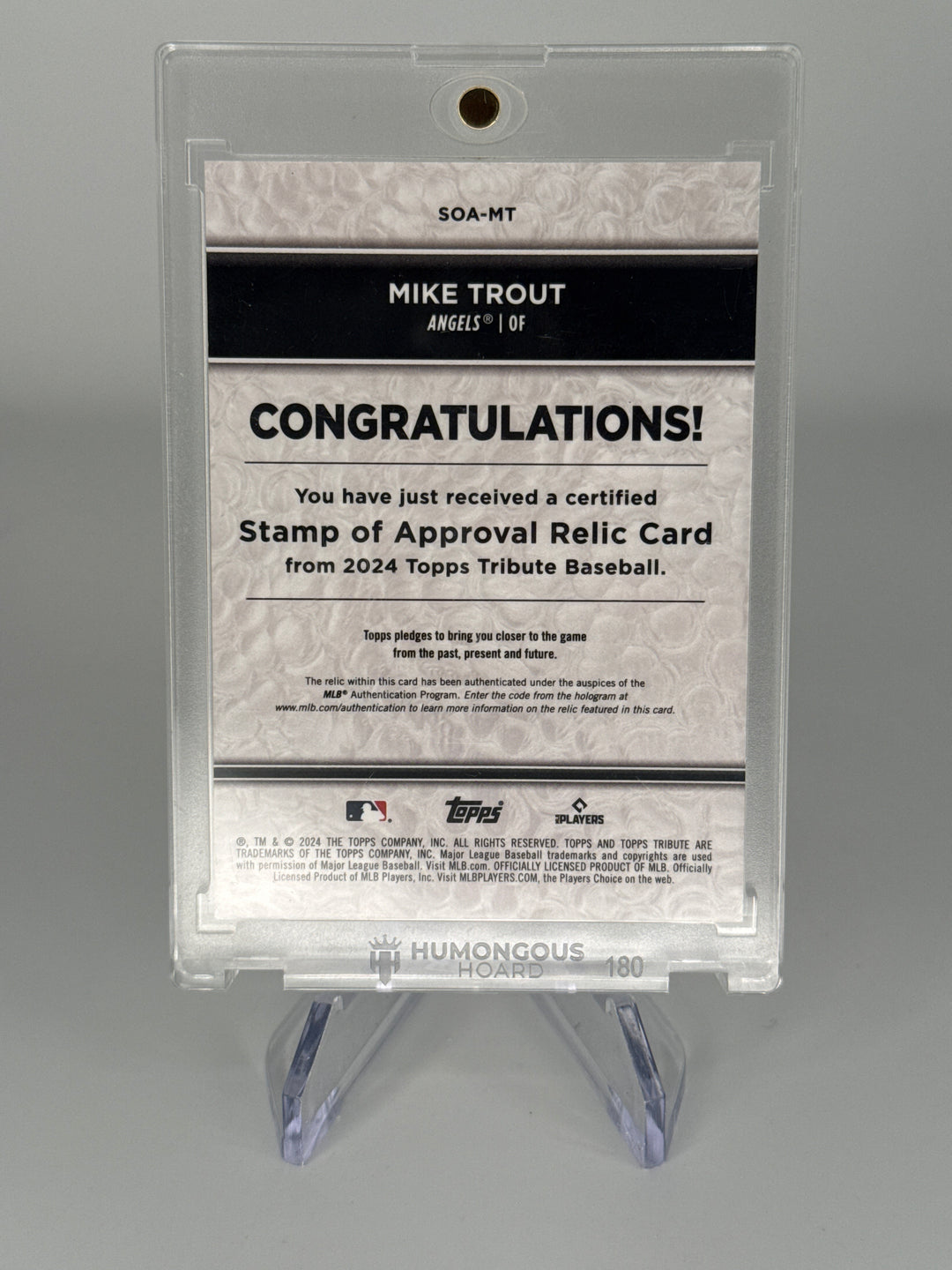 Mike Trout 2024 Topps Tribute Stamp of Approval Game Used Relic, 085/150