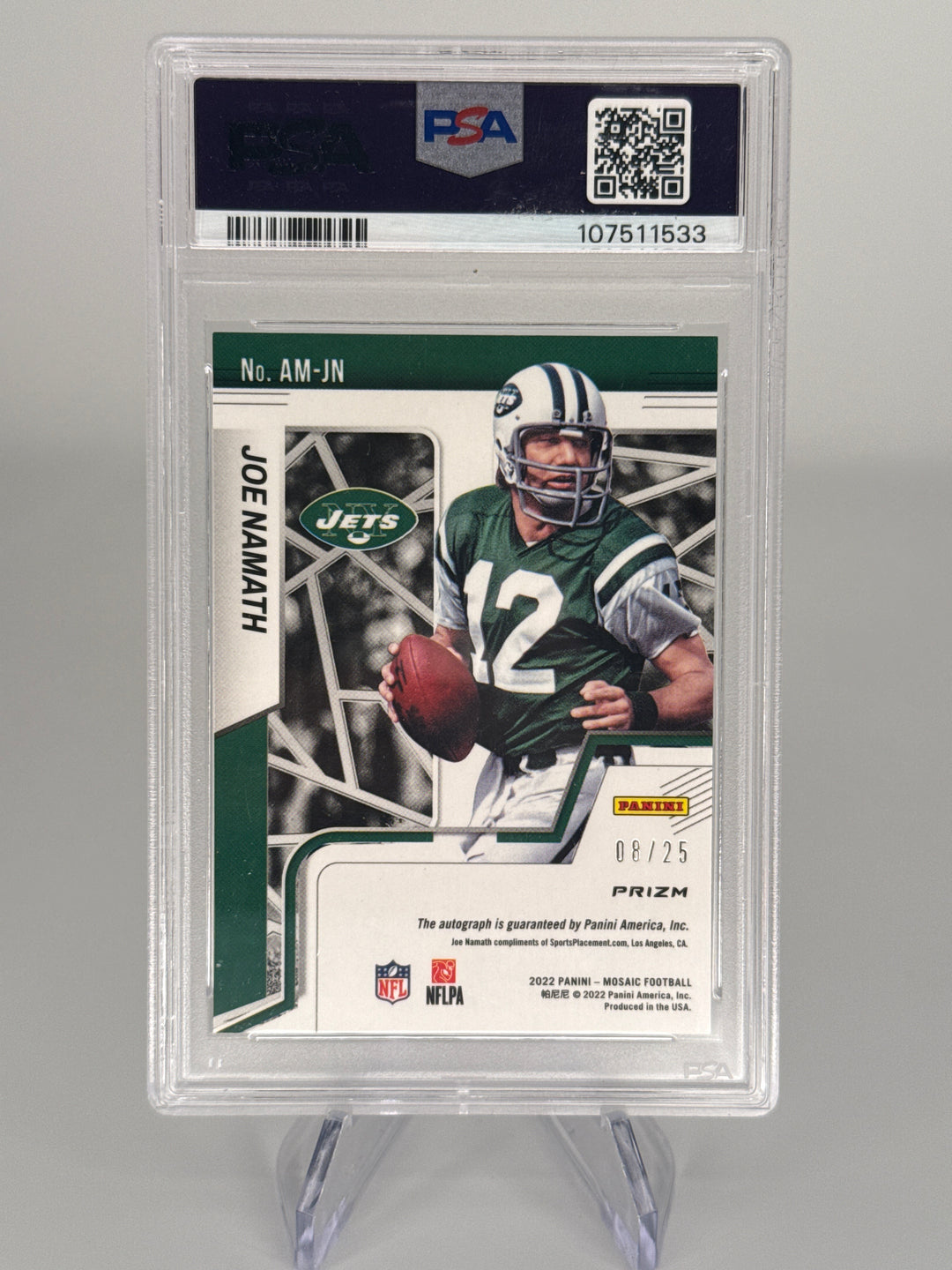 Joe Namath 2022 Panini Mosaic White Mosaic Auto, 08/25, PSA 10 Gem Mint