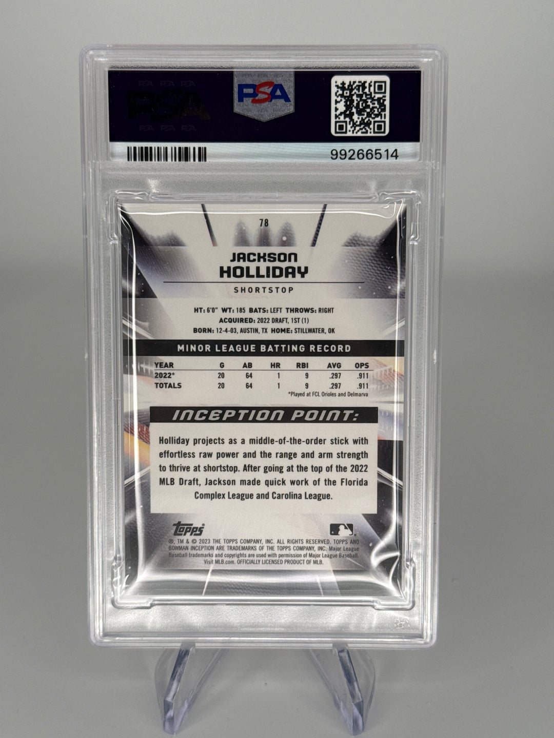Jackson Holliday 2023 Bowman Inception Blue Foil, 80/99, PSA 10 Gem Mint