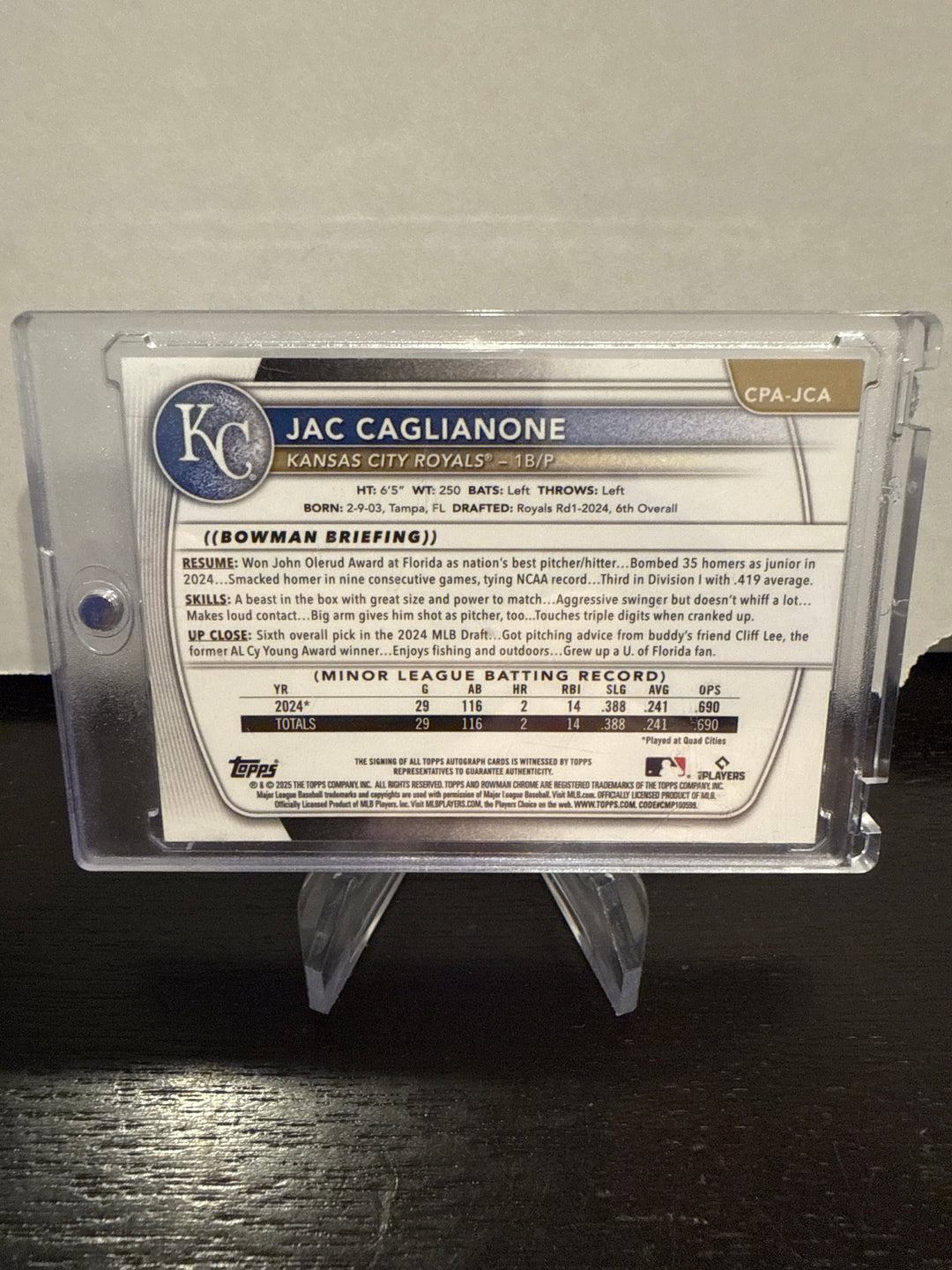 Jac Caglianone 2025 Bowman Chrome Prospect Auto