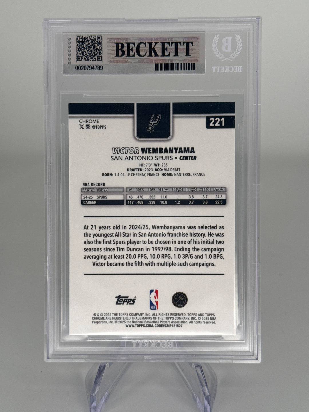Victor Wembanyama 2025 Topps Chrome Aqua Basketball Refractor, 168/199, BGS 9 Mint
