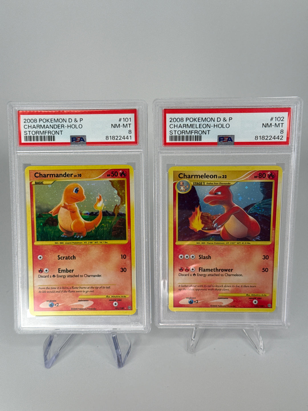 Pokemon TCG 2008 Charmander & Charmeleon  Diamond & Pearl Stormfront Holo, 101/100 & 102/100, PSA 8 (Sold as Pair)