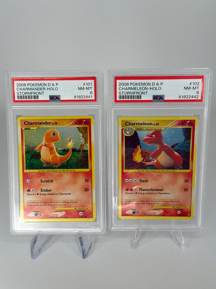 Pokemon TCG 2008 Charmander & Charmeleon  Diamond & Pearl Stormfront Holo, 101/100 & 102/100, PSA 8 (Sold as Pair)